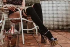 Rolling Over The Knee Ribbon Socks - Black (3 Sizes Available) Accessories