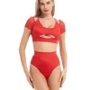 Tops Hamade Activewear Mesh Hollow Front Crop Top - Red