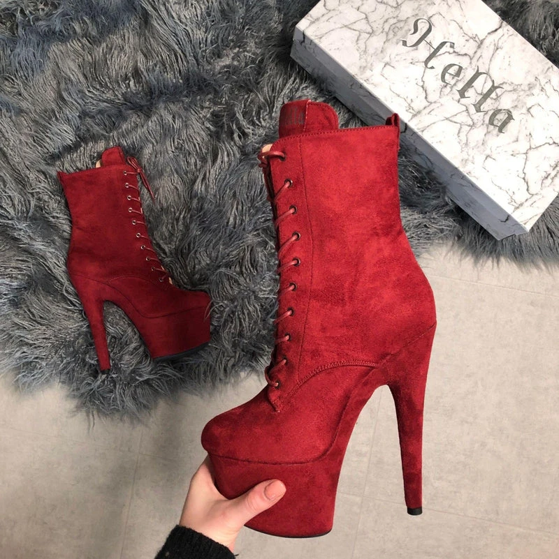 Hella Heels BabyDoll 7inch Boots - Dark Red Shoes