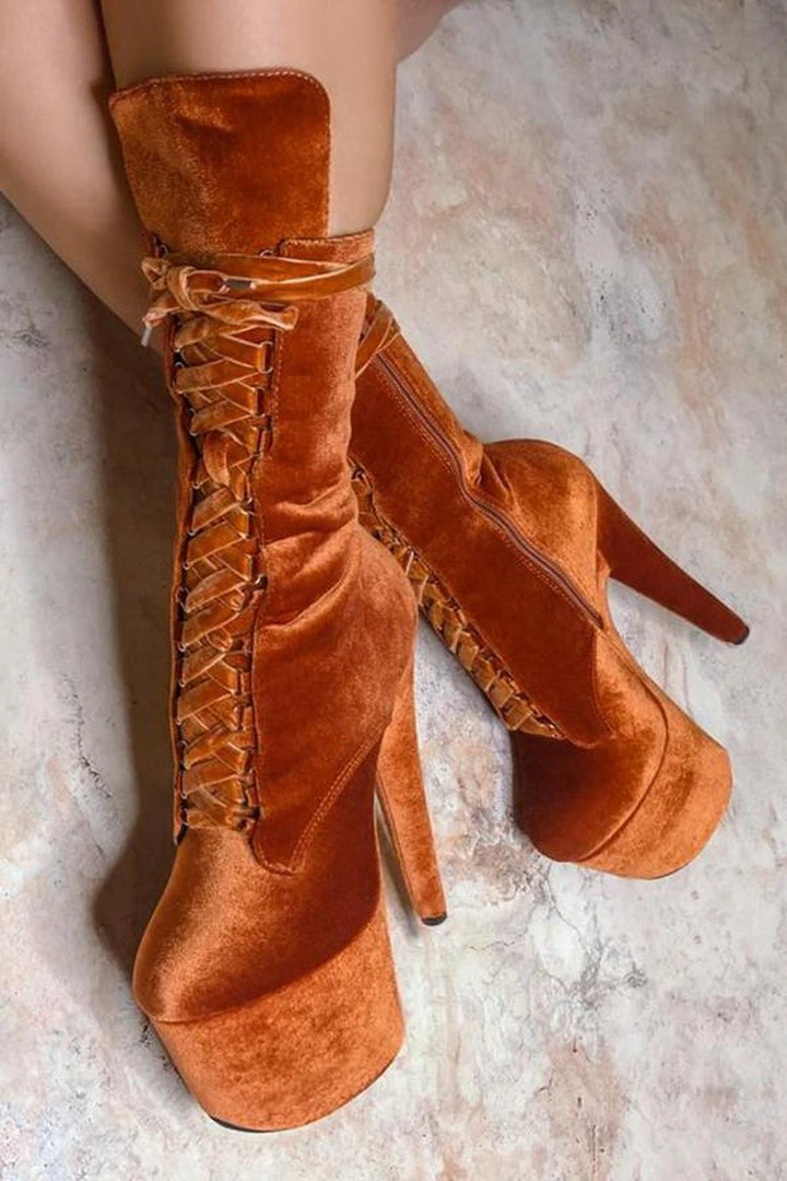 Shoes Hella Heels BabyDoll Velvet 7inch Boots - Brandy