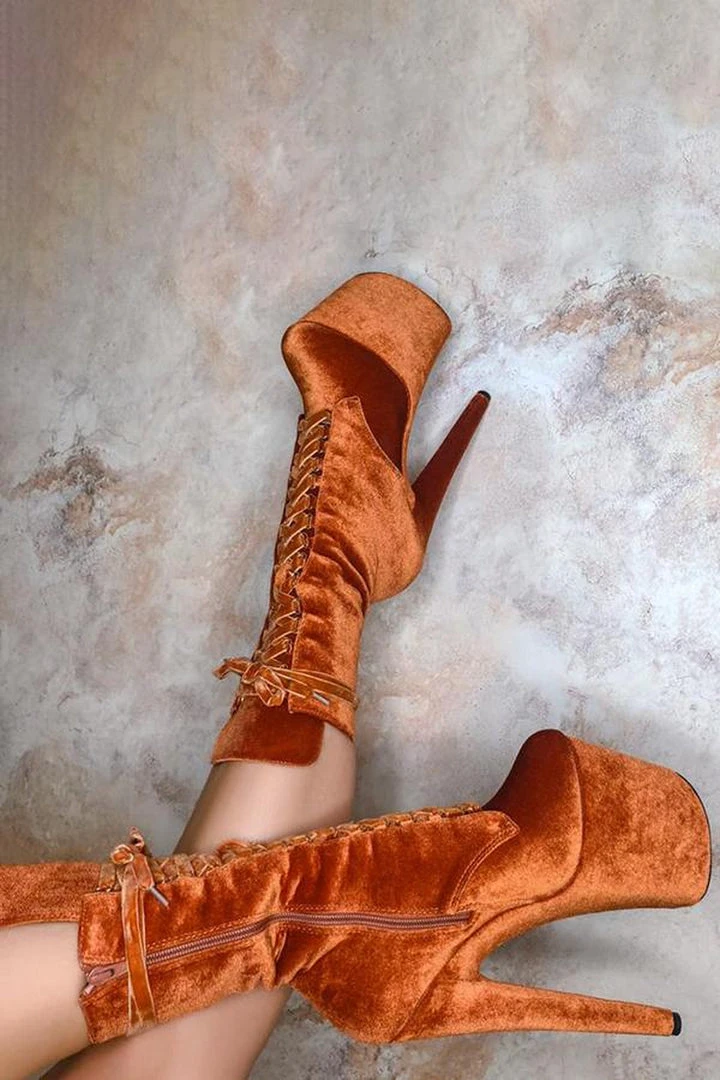 Hella Heels BabyDoll Velvet 8inch Boots - Brandy