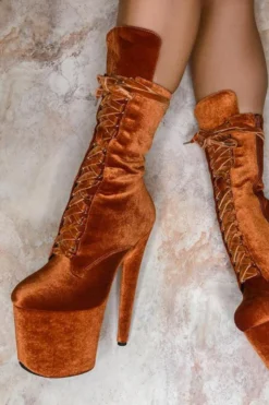 Hella Heels BabyDoll Velvet 8inch Boots - Brandy