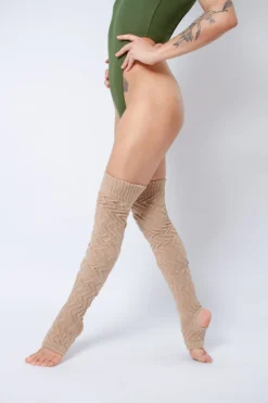 Accessories Rolling Cable Knit Thigh High Leg Warmers With Stirrups - Caramel (2 Sizes)