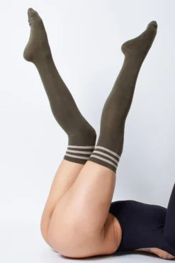 Rolling Over The Knee Socks - Striped Dark Green/Khaki (3 Sizes Available) Accessories