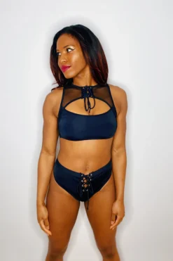 All Pole Wear Hamade Activewear Lace Up High Neck Top - Black