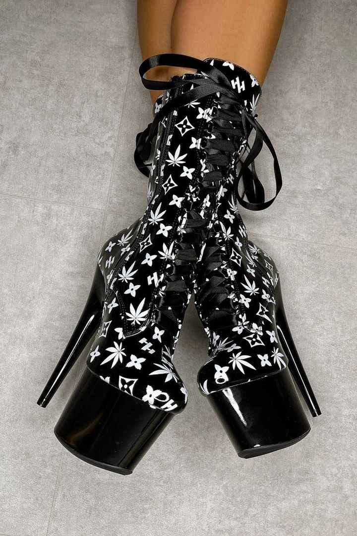 Hella Heels Branded 8inch Boots - Black/Black Shoes