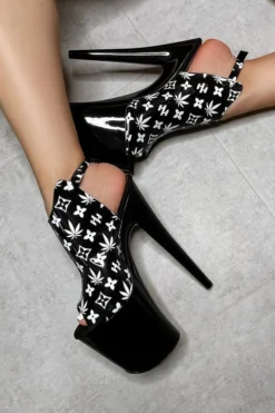 Hella Heels Branded Shield 8inch Stilettos - Black/Black Shoes