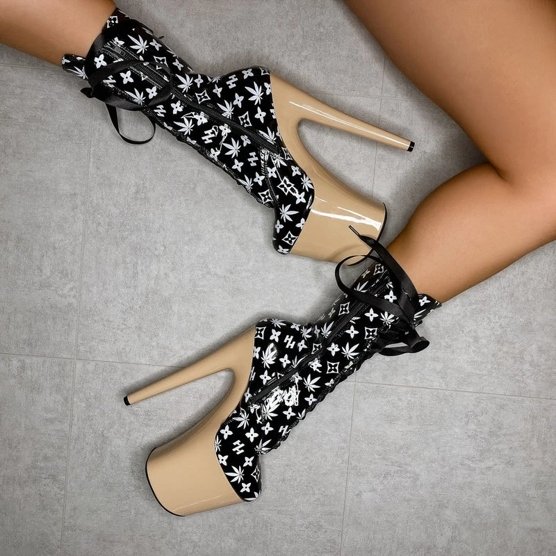 Hella Heels Branded 8inch Boots - Black/Sand Shoes