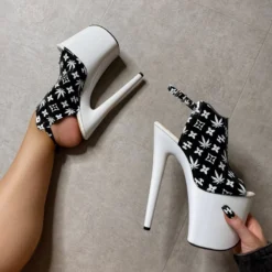 Hella Heels Branded Shield 8inch Stilettos - Black/White Shoes