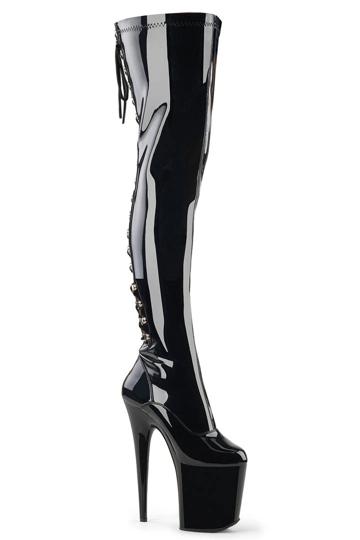 Pleaser USA Flamingo-3063 8inch Thigh High Pleaser Boots - Patent Black Shoes