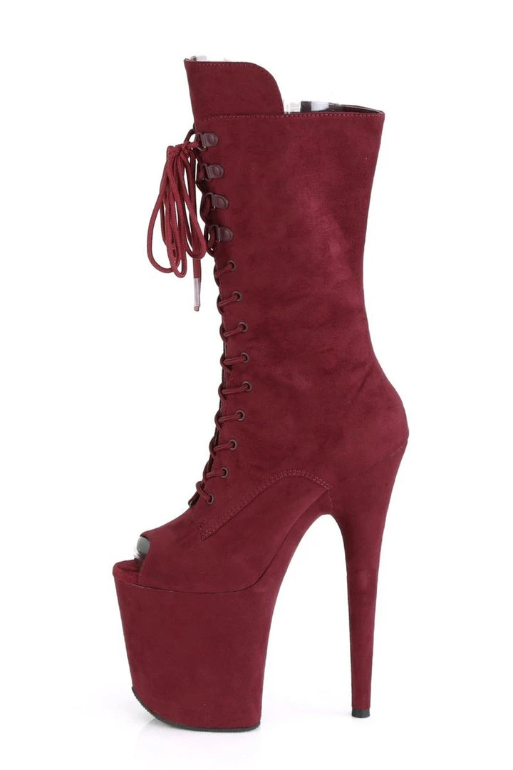 Pleaser USA Flamingo-1051FS Faux Suede 8inch Peep Toe Pleaser Boots - Burgundy Shoes