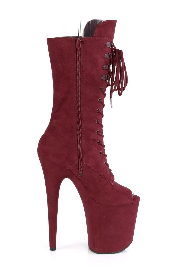 Pleaser USA Flamingo-1051FS Faux Suede 8inch Peep Toe Pleaser Boots - Burgundy Shoes