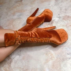 Shoes Hella Heels BabyDoll Velvet 7inch Boots - Brandy