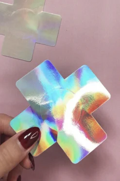 Naughty Thoughts Cross Pasties (5 Pairs) - Holographic Silver