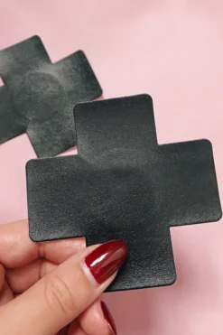 Naughty Thoughts Cross Pasties (5 Pairs) - Leather Black