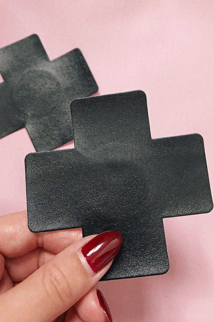 Naughty Thoughts Cross Pasties (5 Pairs) - Leather Black