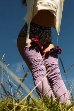 Rolling Cable Knit Thigh High Leg Warmers With Stirrups - Lavender Accessories
