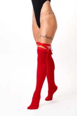 Rolling Over The Knee Ribbon Socks - Red (3 Sizes Available) Accessories