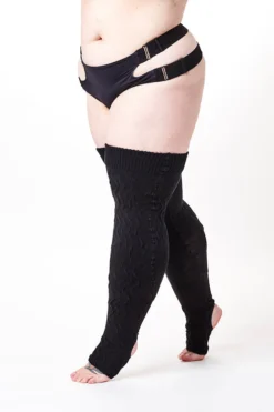 Rolling Cable Knit Thigh High Leg Warmers With Stirrups - Noir Accessories
