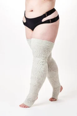 Rolling Cable Knit Thigh High Leg Warmers With Stirrups - Oatmeal Accessories