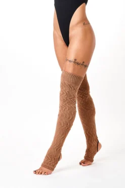 Rolling Cable Knit Thigh High Leg Warmers With Stirrups - Terra Accessories