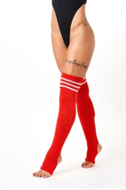 Rolling Thigh High Leg Warmers With Stirrups - Striped Red/White Accessories