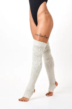 Rolling Cable Knit Thigh High Leg Warmers With Stirrups - Oatmeal Accessories
