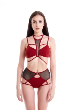 All Pole Wear Hamade Activewear High Waisted Mesh Garter Bottoms - Brick Red
