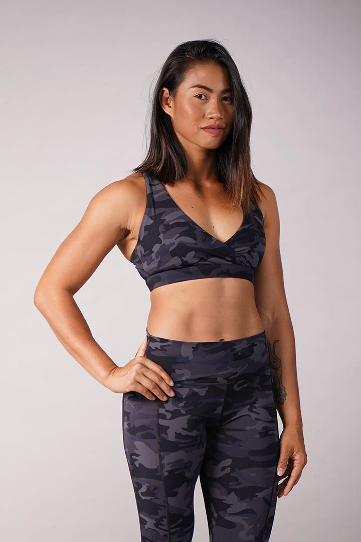 Off The Pole V-Neck Sports Bra - Black Camouflage
