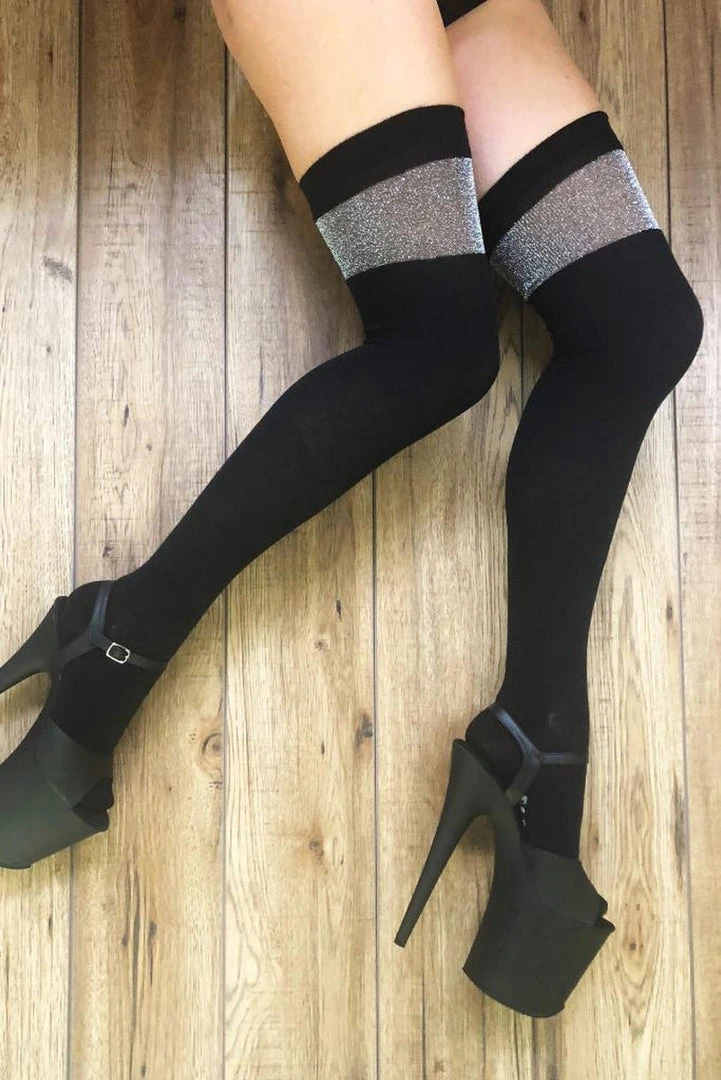 Rolling Over The Knee Socks - Black With Silver Lurex Band Accessories