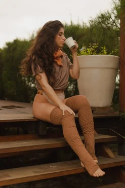 Rolling Cable Knit Thigh High Leg Warmers With Stirrups - Terra Accessories