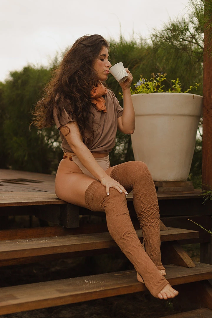 Rolling Cable Knit Thigh High Leg Warmers With Stirrups - Terra Accessories