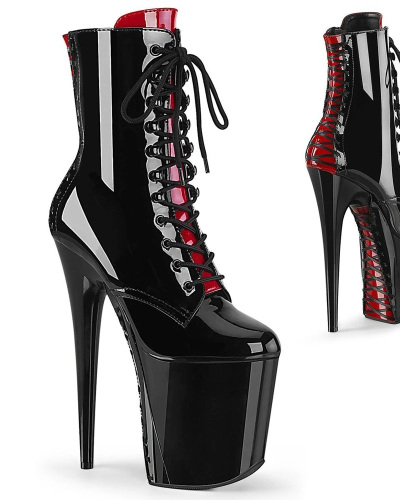 Pleaser USA Flamingo-1020FH 8inch Pleaser Boots - Black/Red Corset