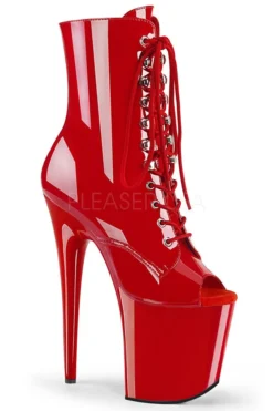 Pleaser USA Flamingo-1021 8inch Pleaser Peep Toe Boots - Patent Red Shoes
