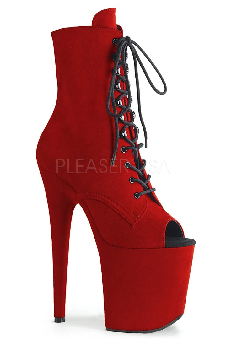 Pleaser USA Flamingo-1021FS Faux Suede 8inch Peep Toe Pleaser Boots - Red Shoes
