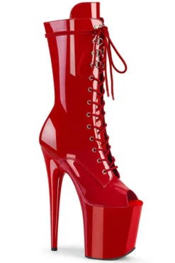 Pleaser USA Flamingo-1051 8inch Peep Toe Pleaser Boots - Patent Red Shoes