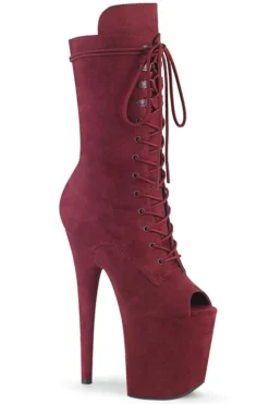 Pleaser USA Flamingo-1051FS Faux Suede 8inch Peep Toe Pleaser Boots - Burgundy Shoes