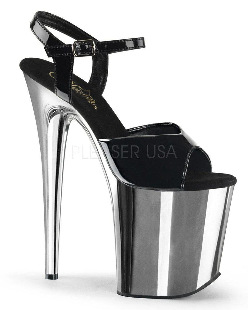Pleaser USA Flamingo-809 8inch Pleasers - Black Patent/Chrome Shoes