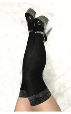 Lunalae Glimmer Band Thigh High Socks - Black/Silver