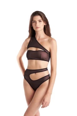 Hamade Activewear Asymmetric Mesh High Cut Bottoms - Black/Sand