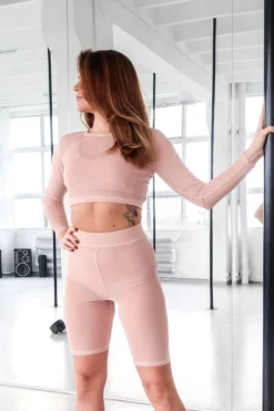 REV ACTIV Mesh Long Sleeved Crop Top - Beige All Pole Wear