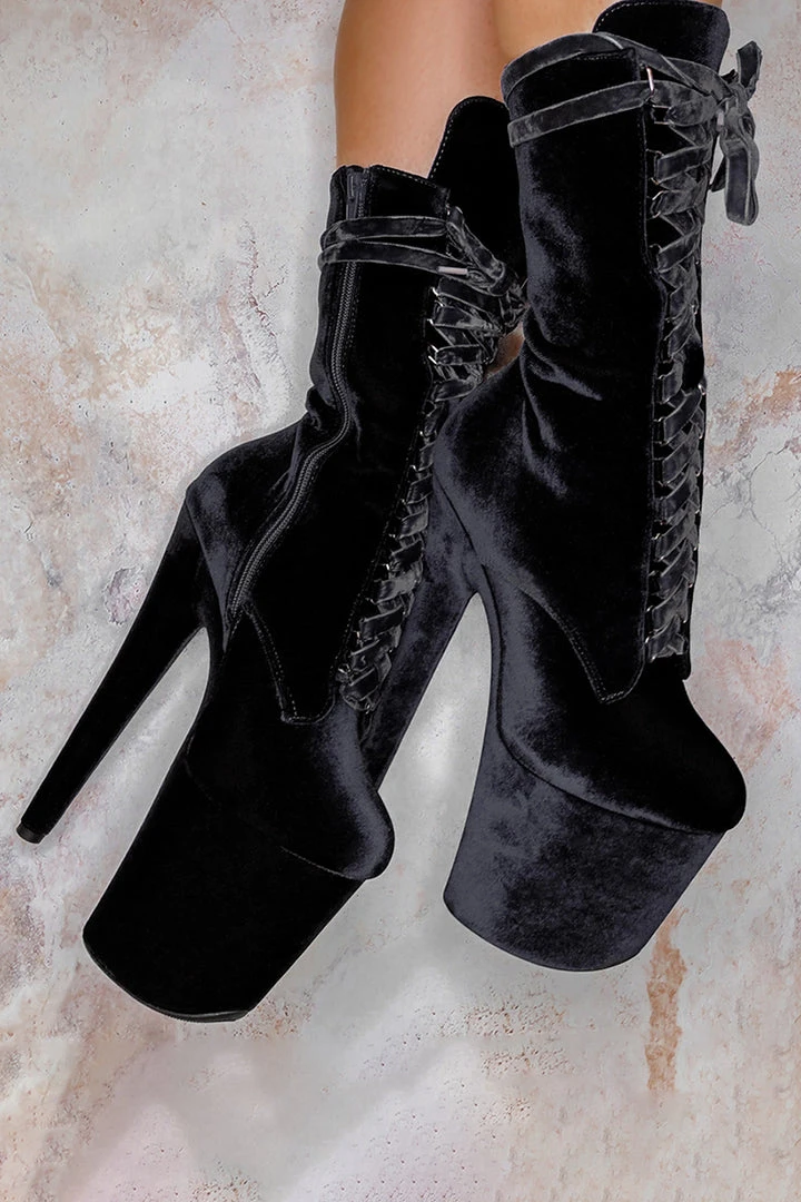 Back In Stock Hella Heels BabyDoll Velvet 8inch Boots - Russian Roulette